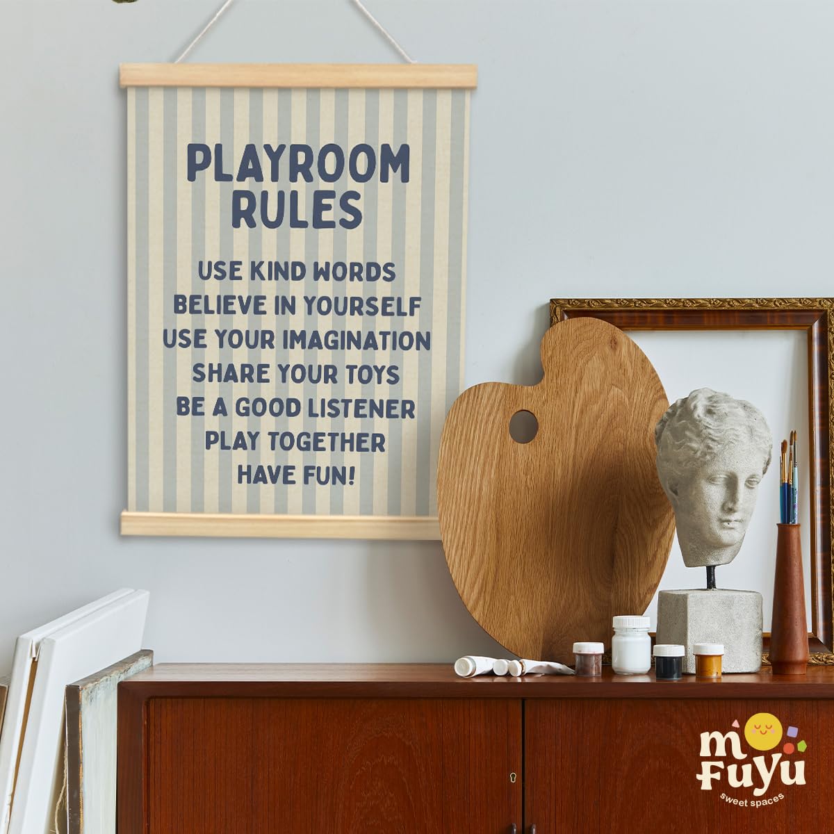 MOFUYU Playroom Wall Decor,Play Room Essentials,Nursery Playroom Rules Wall Art with Wooden Frames,Blue Poster Hanger Frame for Playroom Nursery Bedroom 12x16 Inch