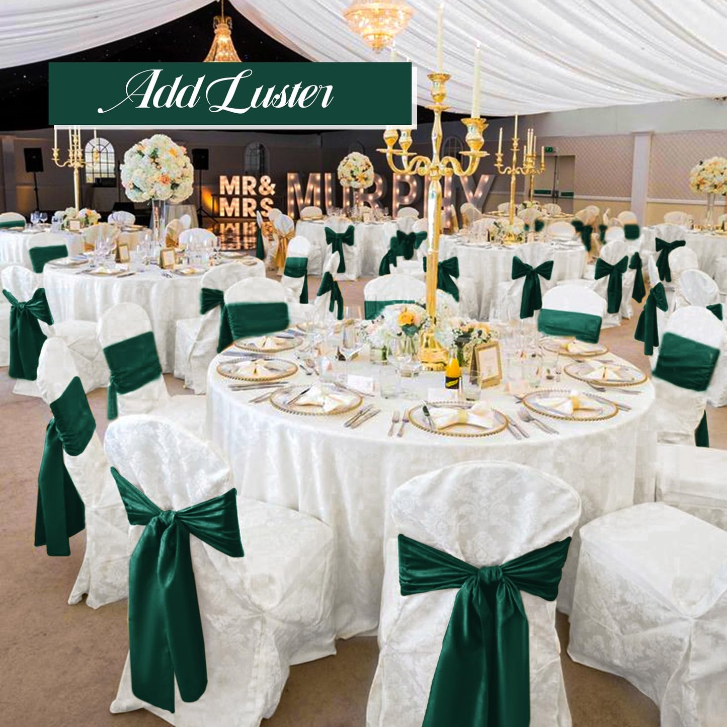 LOKUME Satin Chair Sashes - Dark Green Ribbon Ties for Wedding, Birthday, Banquet & Event Decoration (50 PCS, 7 x 108 Inch)