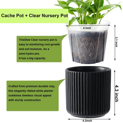 TineDew 2 Pack of 4in Ceramic Cachepot with 4 inch Clear nusery Pot - self Watering Indoor Planter with Drainage for Root Visibility,semi Hydro pots for repotting Succulent,Black