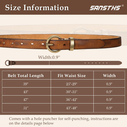 SANSTHS Womens Genuine Leather Belts for Jeans Pants Trendy Vintage Thin Leather Belt Gold Buckle Ladies Skinny Waist Belt,Brown,S