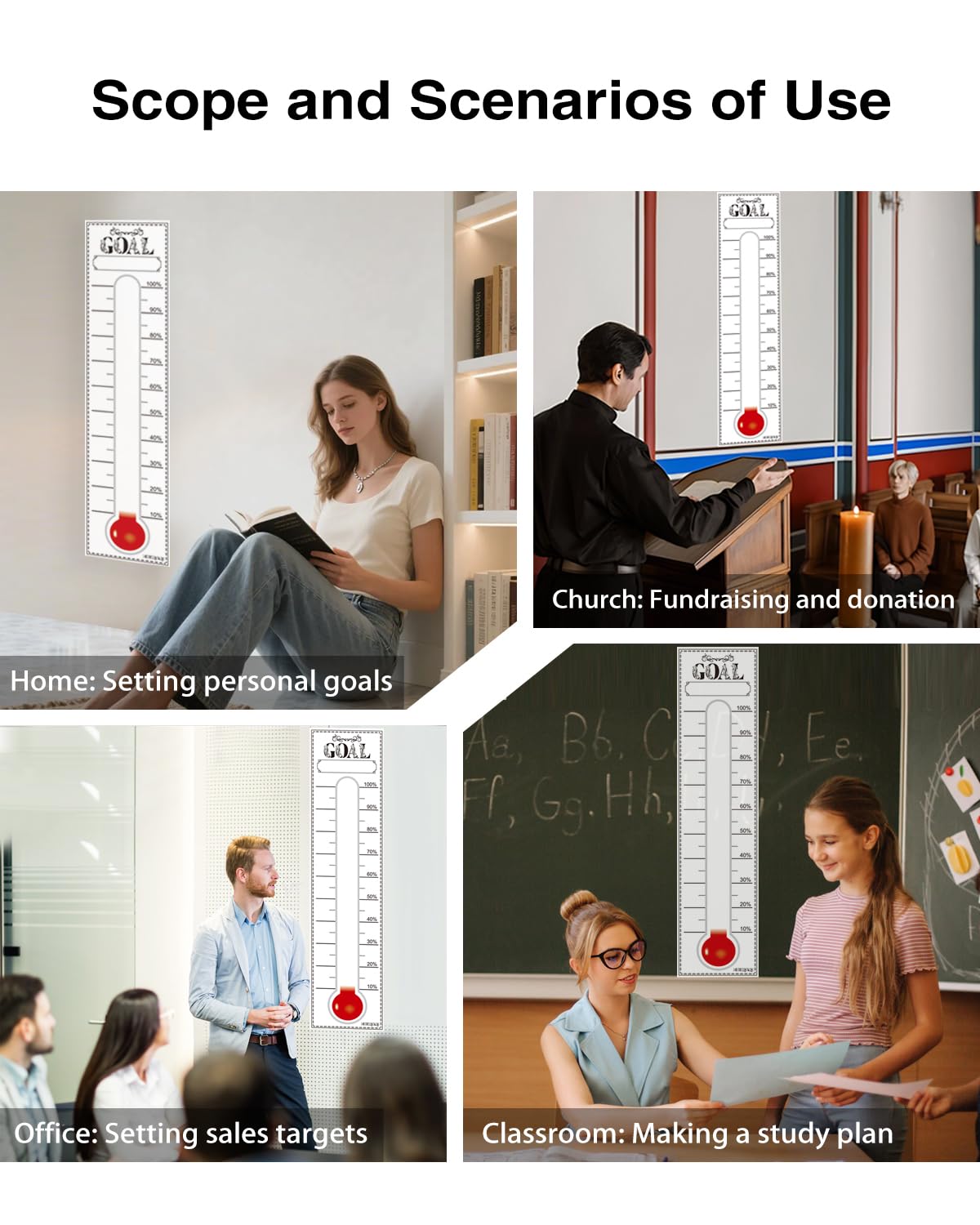 Fundraising Thermometer Chart Goal Tracker, 48"x12" Dry Erase Goal Setting Wall Mounted Thermometer Wall Posters, Removable Giant Sales Goal Sticker for Home, Schools, Churches, Offices & Charities