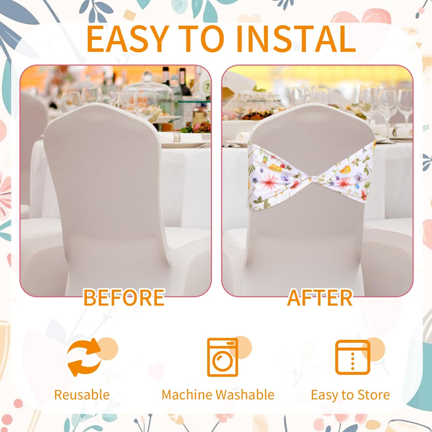 Newwiee Floral Spandex Chair Sashes Floral Print Elastic Chair Sashes Bow Polyester Chairs Cover Bands Ties Without Buckle for Birthday Party Decor