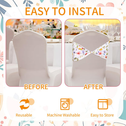 Newwiee Floral Spandex Chair Sashes Floral Print Elastic Chair Sashes Bow Polyester Chairs Cover Bands Ties Without Buckle for Birthday Party Decor
