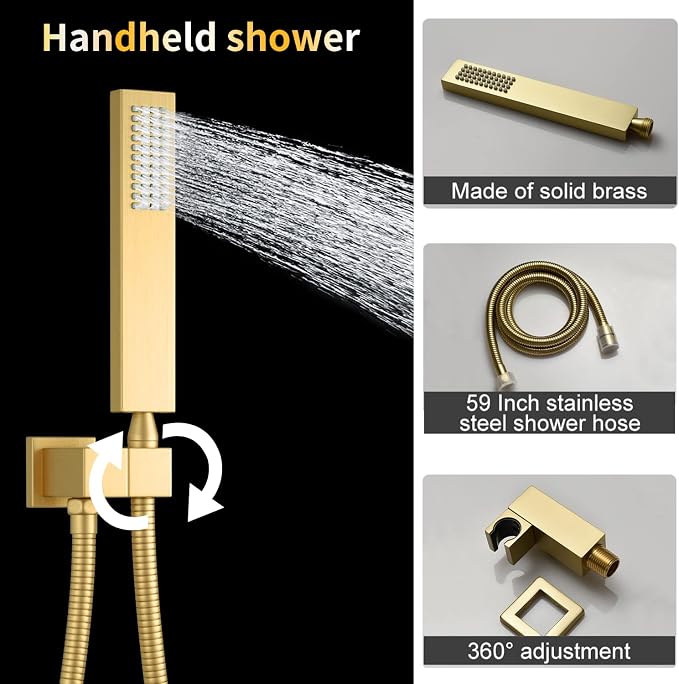 AYIVG Brushed Gold 16 x 26 Inch Full Body Thermostatic Rainfall Shower System 64 Color LED Rainfall Luxury Shower Head System with 6 Spray Jets Ceiling Mount Rain Temperature Display Shower Faucet Set