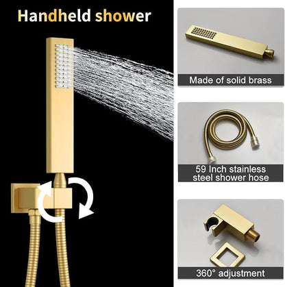 AYIVG Brushed Gold 4 Function Dual Shower Heads System Multi Functions 16 X 26 Inch Rainfall and 8 Inch Wall Mount with 6 Jets Full Body Shower System Set with Handheld shower head