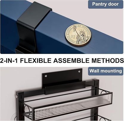 Over the Door Pantry Organizer 9 Tier Hanging Door or Wall Mounted Spice Rack with Adjustable Acylic Basket,Heavy Duty Metal Seasoning Storage Shelf for Kitchen Pantry and Bathroom Black