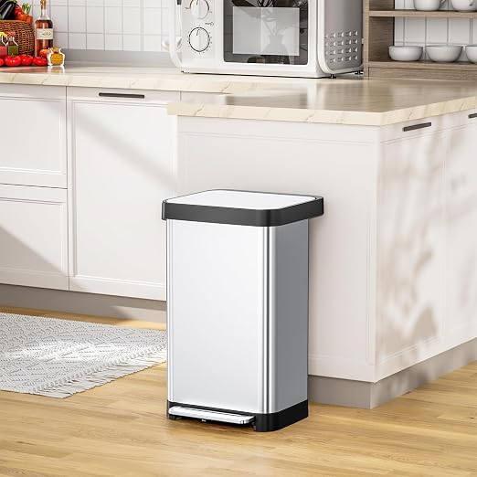 Arlopu 50L/13.2Gal Stainless Steel Trash Can W/15 Inner Bags & Rear Trash Bag Storage Compartment, Kitchen Step Trash Can with Lid & Built-in Deodorizer Box, Garbage Bin W/Foot Pedal (Sliver)