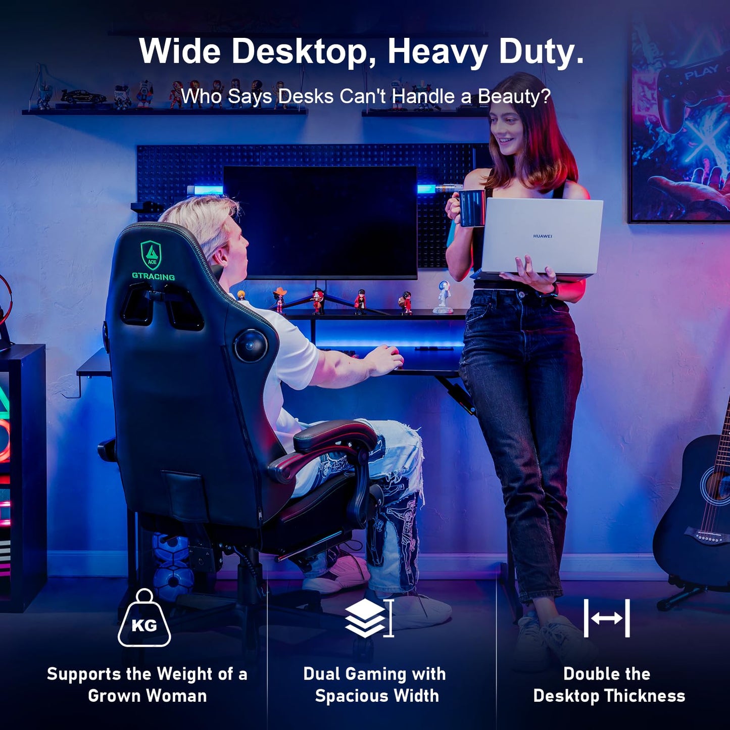 GTRACING 55 Inch Gaming Desk with LED Lights, Computer Gamer Desk with Monitor Stand, Ergonomic Carbon Fiber Surface Gaming Table with Mouse Pad for Home Office, RGB
