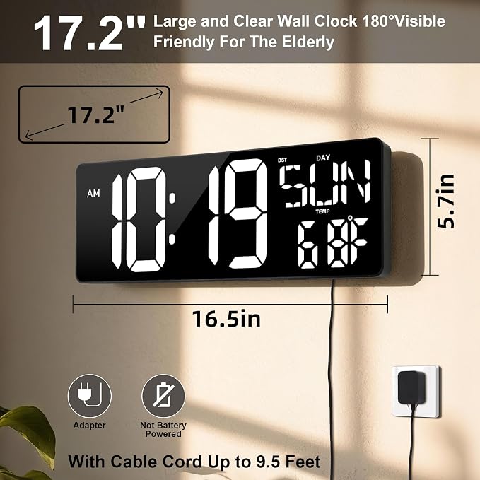17.2"Large Digital Wall Clock Large Display with Remote Control 180°Visible | Timer with Temperature Date Week Auto DST Adjustable Brightness, for Living Room Classroom Garage Gym Gift for Senior Mom Dad