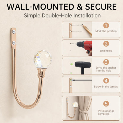 Curtain Holdback,2Pcs Wall Mounted Drapery Tiebacks with Clear Crystal Ball