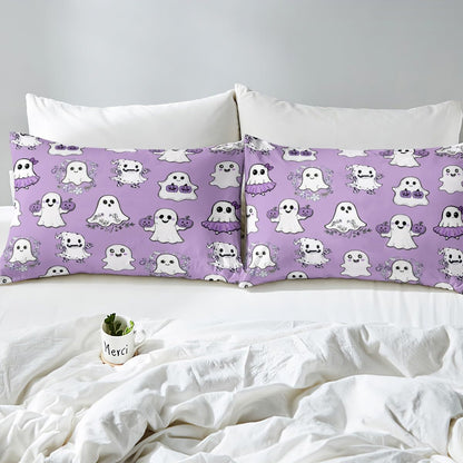 Cute Ghost Kids Duvet Cover Set Full Size, Halloween Theme Purple Bedding Set for Boy Girls, Pumpkin Lantern Floral Ghosts Comforter Cover, Soft Polyester Quilt Cover, 2 Pillowcases, No Comforter