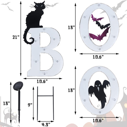 Prsildan 3 Pack Halloween Decorations Outdoor -Solar Powered Lighted Boo Yard Sign with Bats, Cat & Ghost, Waterproof Metal Lawn Stakes for Front Yard, Porch, Garden - Spooky Halloween Party Decor