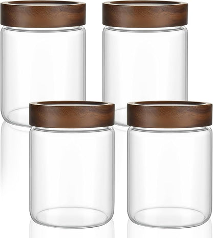 18 oz/550 ml Clear Glass Storage Canister with Airtight Wooden Lid, Small Overnight Oats Containers, Cute Decorative Salad Jar for Snacks Yogurt Spice Sugar Cereal Fruit Coffee Tea -4 Pack
