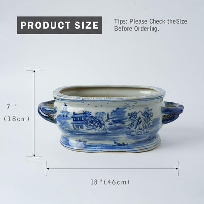 XIGGJYL JINDEZHEN Vintage Blue and White Flower & Birds Porcelain Footbath Planter Chinoiserie Scenery Motif Ceramic Flower Pot (Blue2)