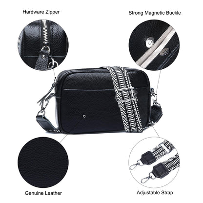 Utenwat Small Crossbody Bags for Women Genuine Leather, Guitar Strap Shoulder Handbag Purse Camera Bag with Rfid Card Slots, Black