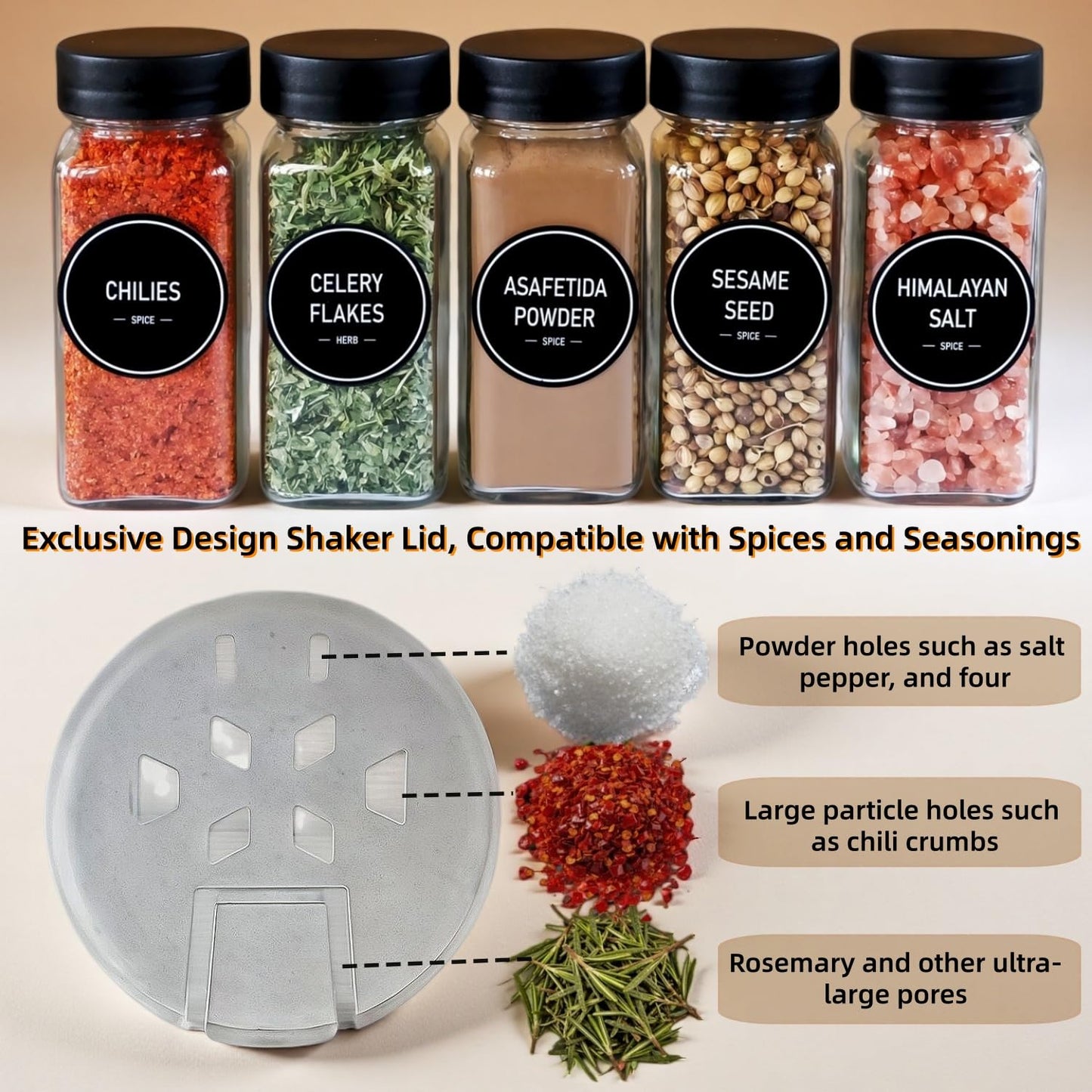 MISTGLAS Spice Jars with Labels - 24 Glass Spice with Shaker Lids & Airtight Plastic Caps - 4oz Complete Seasoning Containers Organizer Set for Cabinet, Drawer & Rack (Black)