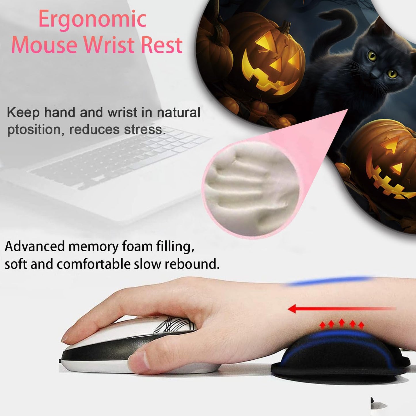 Large Gaming Mouse Pad + Mouse Wrist Rest Pad + Coaster Combination, 31.5 "x 11.8" Durable Non-Slip Extension Table Mat, Suitable for Office and Home, Halloween Black Cat