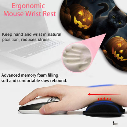 Large Gaming Mouse Pad + Mouse Wrist Rest Pad + Coaster Combination, 31.5 "x 11.8" Durable Non-Slip Extension Table Mat, Suitable for Office and Home, Halloween Black Cat