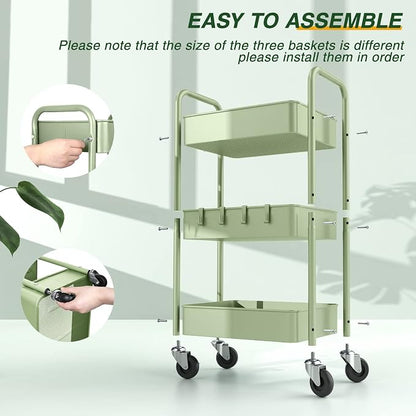 LEHOM 3 Tier Rolling Cart, Metal Rolling Utility Cart with Lockable Wheels & Hooks, Multi-Functional Heavy Duty Storage Cart Organizer for Bathroom, Kitchen, Office, Living Room