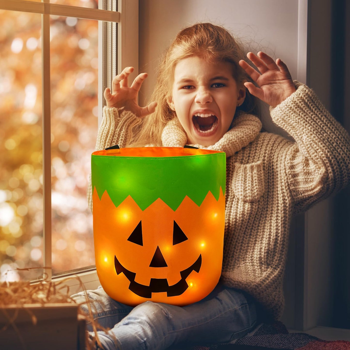 Jemgmonn 2 Pieces Halloween Candy Bucket with LED Light Trick or Treat Buckets Halloween Reusable Pumpkin Green Monster Candy Gift Baskets Party Supplies Favors (Orange & Green)
