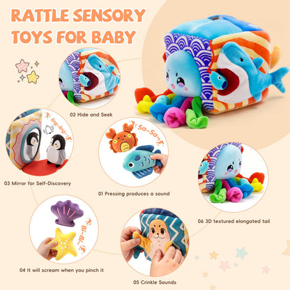 SAIMAND Baby Toys 6-12 Months–Mystery Soft Box with 5 Plush Marine Animals,Rattle,Crinkle Paper & Mirror–Montessori Sensory Toys for 6 Month Old Babies 1-3 Year Old Boy Girl Birthday