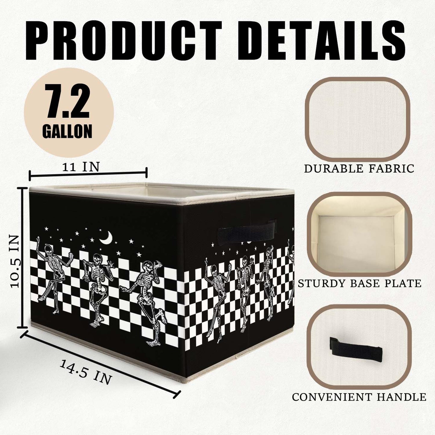 Likjad Halloween Gothic Skeleton Storage Bins Basket, Black and White Checkered Funny Gothic Collapsible Fabric Storage Box Organizer Toybox for Bedroom Bathroom Clothes Books Toys