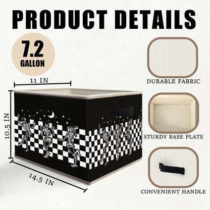 Likjad Halloween Gothic Skeleton Storage Bins Basket, Black and White Checkered Funny Gothic Collapsible Fabric Storage Box Organizer Toybox for Bedroom Bathroom Clothes Books Toys