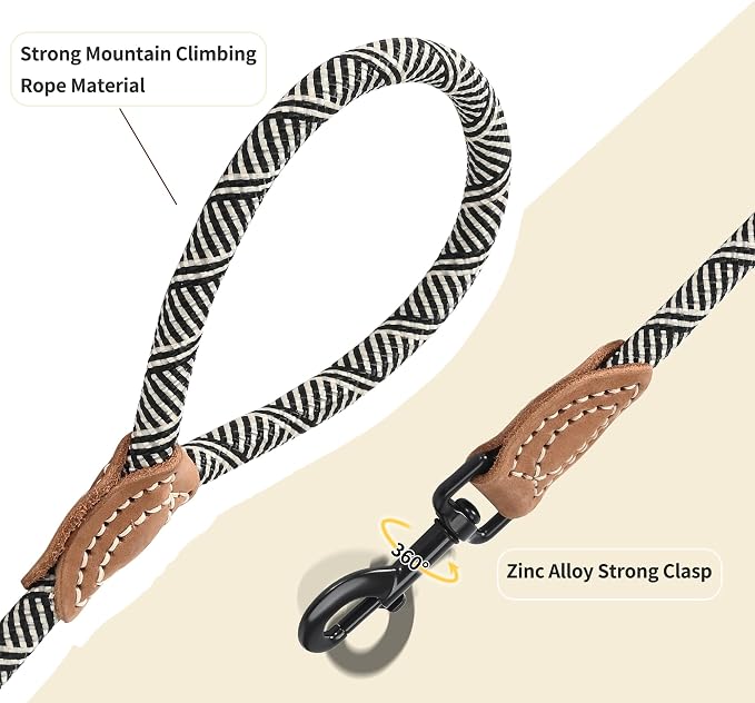 Mile High Life Rope Leash with Genuine Leather Connection, 6 FT/5 FT/4 FT, Heavy Duty Leash for Medium & Large Dogs (Black Beige, 48 Inch)