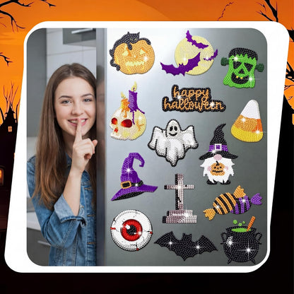 Umigy 16 Pcs Summer Halloween Diamond Art Magnets for Refrigerator Gnome Ghost Bat Cat Diamond Painting DIY Halloween Gems Art Kits for Adults Crafts Home Decor Gift