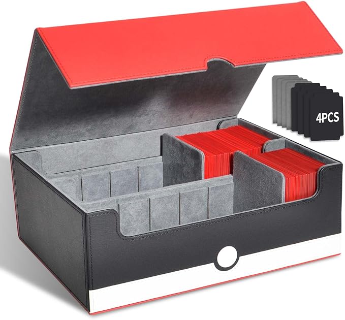 tombert TCG Card Storage Box, 1600+Capacity for MTG, YuGiOh, Sports Cards.Premium Box with 4 Dividers, 4 InsertCards & Strong Magnet Closure (2 Rows -White & Red)