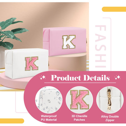 Personalized Makeup Bag Initial A-Z Preppy Patch Bag,Small PU Leather Travel Cosmetic Bag Pouch with Zipper,White Cute Toiletry Bag,Gift Ideal for Teen Girls Women Birthday Friend Mom,Letter K