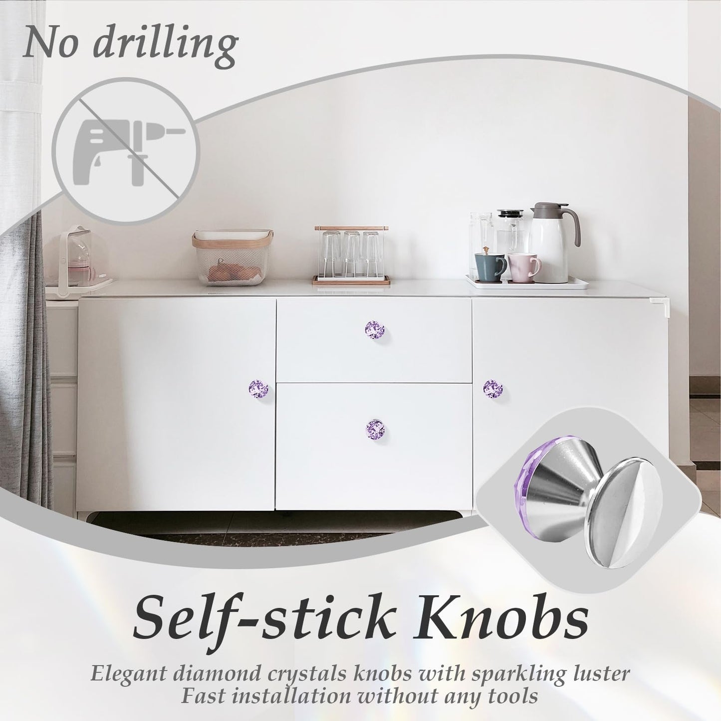 CcHhyyt 4 Pcs Crystal Adhesive Knobs Stick On Cabinet Handle Purple K9 Crystal Pulls Peel and Stick Dresser Pulls for Mirror Cabinet Drill Free Knobs for Glass Sliding Doors Fish Tank Lid Terrarium