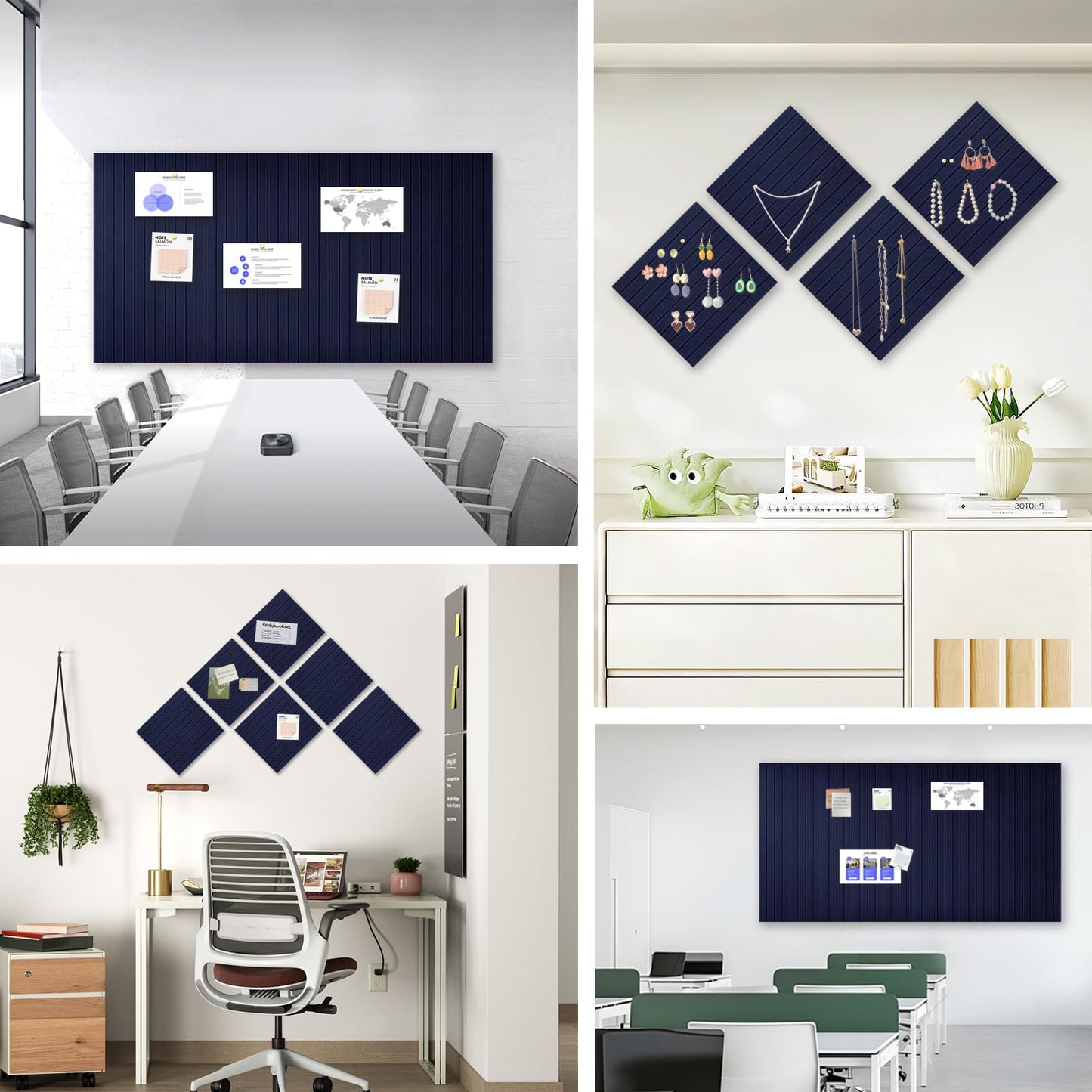 Large Cork Board for Office, 8 Pack Felt Wall Tiles with Slat Wall Paneling and Safe Removable Adhesive Tabs, Felt Bulletin Board Pin Board Cork Boards for Walls - Dark Blue