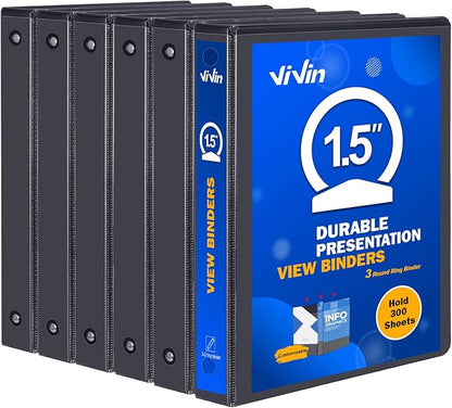 3 Ring Binder 1-1/2 Inch, ViVin Sturdy 1.5"-Round Ring Binder with 2 Interior Pockets, Clear View Cover, PVC-Free, Fits 300 Sheets of 8.5'' x 11'' Paper, Office Home School (6 Pack, Black)