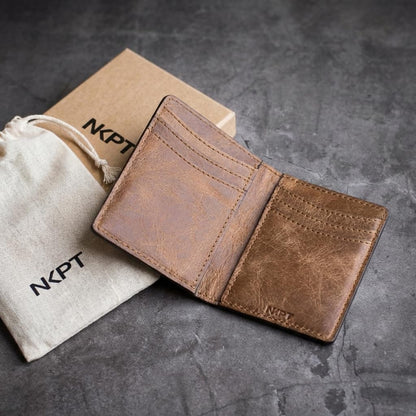 NKPT Slim Leather Credit Card Holder Wallet for Men | Full-Grain Leather, RFID Blocking, 6 Card Slots | Brown and Tan