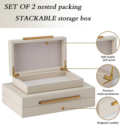 SYYSY Set of 2 Beige Shagreen Decorative Storage Boxes with Gold Metal Handles – Faux Leather Jewelry & Memory Boxes, Nesting Photo Organizers for Home Decor