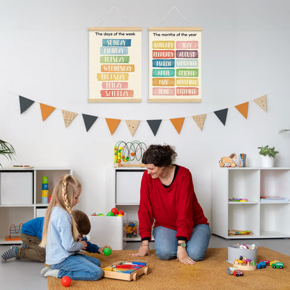 Lacama Week Month Decor Poster Hanger Frame Set of 2, Educational Posters,Preschool Wall Art with Wooden Frames, Boho Classroom Wall Hanging Banner Decor for Toddlers Room Playroom, 12x16 Inch