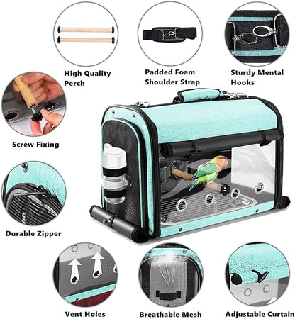 Bird Carrier Bag Bird Travel Cage with Stand, Lightweight Backpack for Parrot, Portable Bird Travel Bag, Pet Transparent Breathable Travel Cage, Green