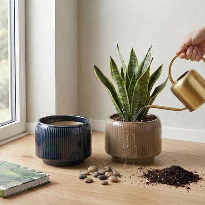 Sin wings 6 Inch Ribbed Ceramic Planter Set, Shallow Round Flower Pot with Drainage Hole, Modern Glazed Indoor Plant Pot for Fern Succulent Small Houseplant Desktop Windowsill Home Decor, 2 Pack