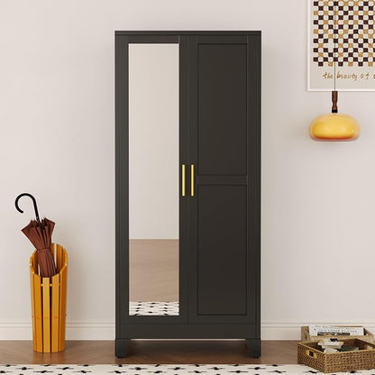71" Metal Armoire Wardrobe Closet, Steel Clothing Storage Cabinet with Mirror and Adjustable Shelves, Household Steel Wardrobes Storage Cabinet with Adjustable Standing Feet and Hanging Rod（Black）