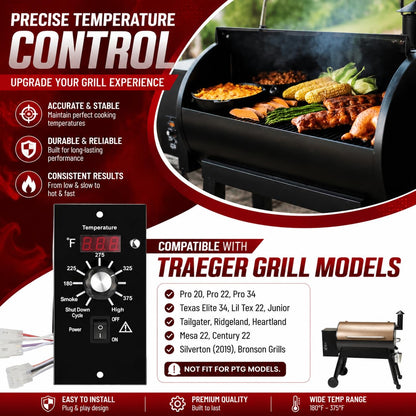 Controller Kit for Traeger BAC236, BAC365, BAC283, etc. (NO Temp Probe Ports) - Fits Bronson 20, Pro 22/34, Texas Elite 34, Lil Tex, Tailgater & More (Excl. PTG/Ranger/Scout)