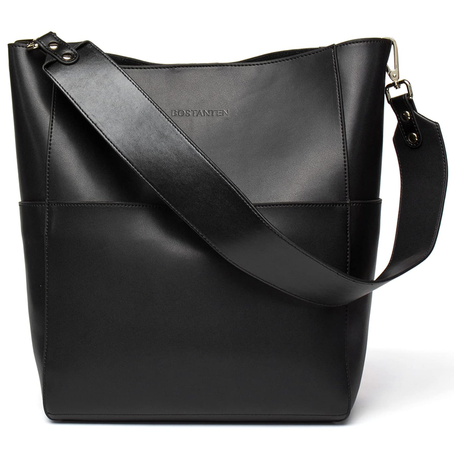 BOSTANTEN Women's Leather Designer Handbags Tote Purses Shoulder Bucket Bags with 2 Shoulder Strap, Black 9" L×5" W×12" H