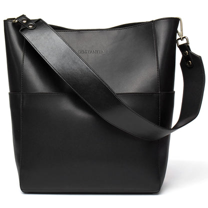 BOSTANTEN Women's Leather Designer Handbags Tote Purses Shoulder Bucket Bags with 2 Shoulder Strap, Black 9" L×5" W×12" H