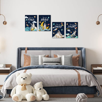 LoveHouse Space Wall Art Astronaut Kids Room Wall Decor Inspirational Quotes Canvas Prints Cosmic Painting for Nursery Classroom (Deep Blue)