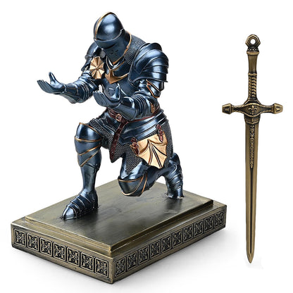 Amoysanli Medieval Armored Warrior Knight Pen Holder Desk Organizers and Accessories Resin Pencil Holder Paperweight as Gift with a Cool Letter Opener for Desk (Blue)