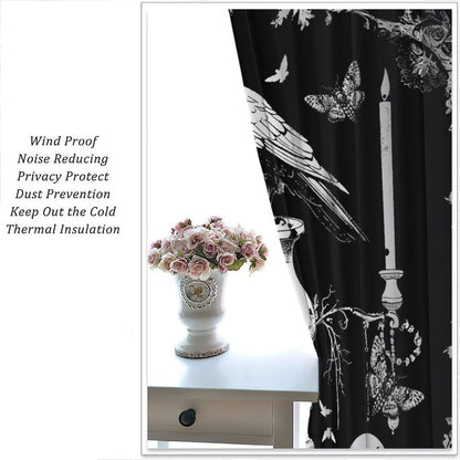 AAVEUP Gothic Crow Curtains for Boys,Mysterious Simple Eerie Skull Moth Raven Candle Flower Window Drapes Print for Halloween Kids Boys Girls Bedroom Living Room Bathroom 42x45in