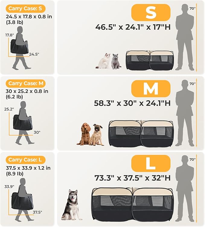2-in-1 Dog Playpen 46.5''Pop Up Cat Pet Playpen, Assembly-Free Indoor Outdoor Kitten Enclosure, Kitten Pen Cat Cage Portable Puppy Tent Crates Kennel for Small Animals(No Divider, Unified Space)