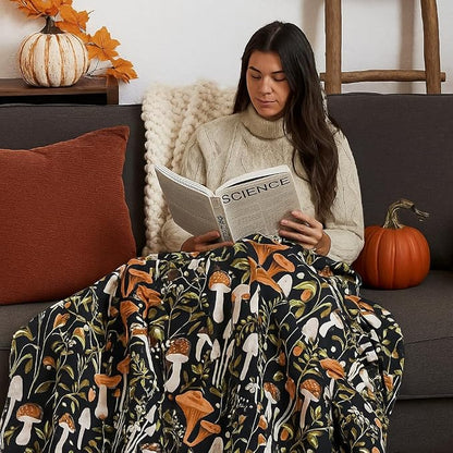 Serafina Home Mushroom Fleece Throw Blanket: Floral Forest Black Brown Beige and White, 50" x 70"