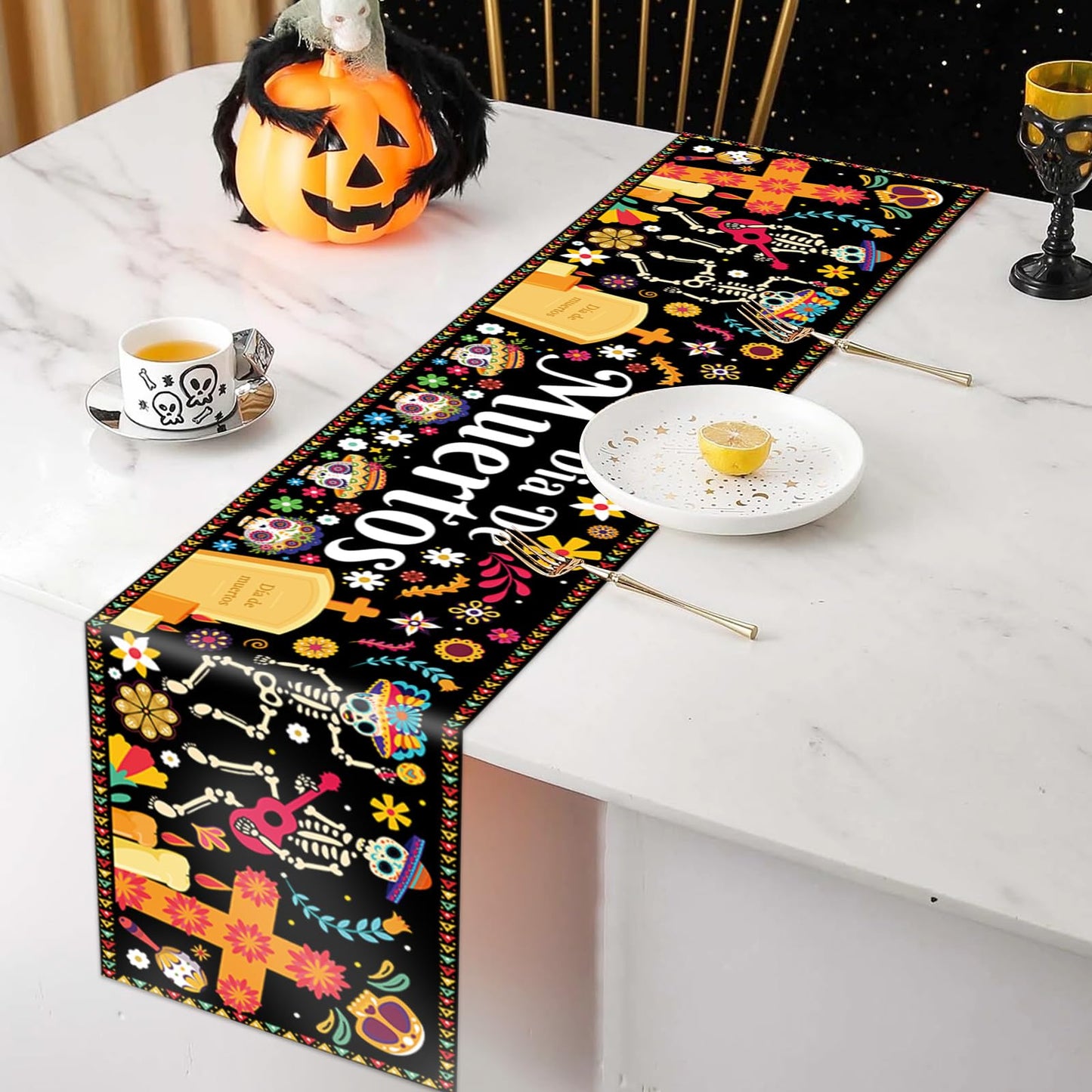 Halloween Table Runner 72 Inches Long, Day of The Dead Table Runner Dia De Los Muertos Sugar Skull Table Runner Happy Halloween Runners for Table Line Cover Tablecloth for Halloween Party Decorations