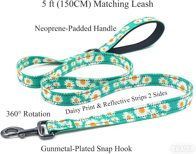 Dog Collar Leash Set, Floral Pattern, with Safety Reflective Strips, 5 ft Matching Leash, Neoprene Padded Handle, Adjustable 4 Sizes for Small Medium Large Dogs.(M, Green Daisy)